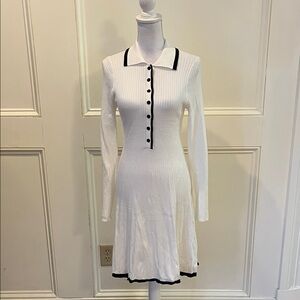 Elegant White Long Sleeve Dress with Black Accents